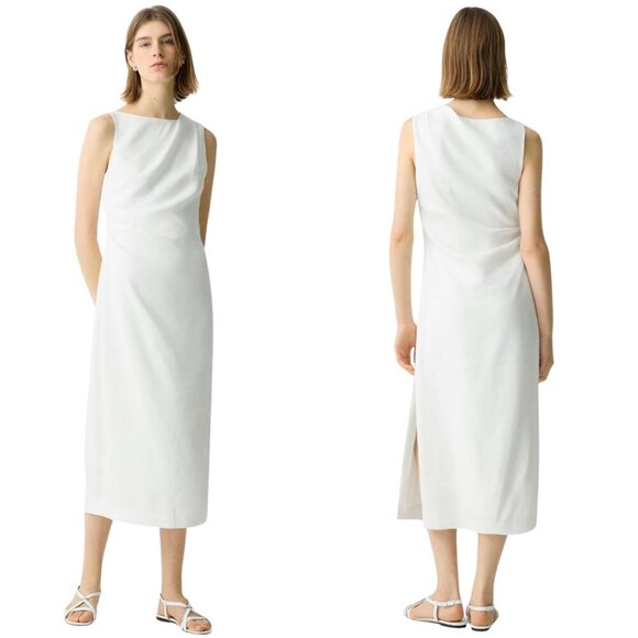 Theory Draped Midi Dress in Linen Viscose Women's 12 White Slit Minimalist NWT - Picture 1 of 16